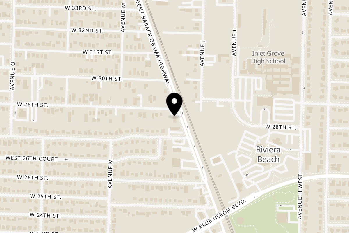 Map showing the location of Kiki Cuisine on 2755 President Barack Obama Hwy in Riviera Beach